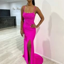 NEW ARRIVALS Honey Couture LEONIE Fuchsia Hot Pink Diamante Leg Split Mermaid Formal Dress
