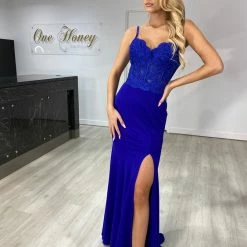 Honey Couture CALLIE Royal Blue Lace Bustier Corset Style Formal Dress