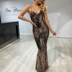 Honey Couture MOULIN Black & Rose Gold Sequin Corset Formal Dress