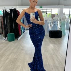 NEW ARRIVALS Honey Couture NAOMI Electric Blue Sequin Pointy Strapless Mermaid Evening Dress