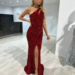 Honey Couture ADRIANNA Red Sequin One Shoulder Mermaid Formal Dress NEW ARRIVALS