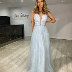 Honey Couture ANISA Baby Blue Tulle Lace Gown Formal Dress NEW ARRIVALS