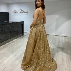 Honey Couture GRETCHEN Gold Glitter Ball Gown Formal Dress