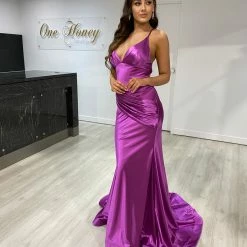 Honey Couture COCO Orchid Purple Low Back Bum Ruching Mermaid Formal Dress