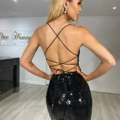 One Honey Boutique NEW ARRIVALS Honey Couture KALLIE Black Sequin Ombre Corset Formal Dress