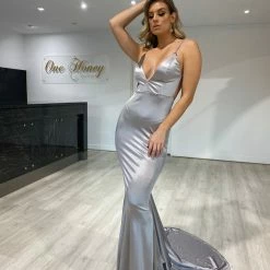 Honey Couture MILEE Silver Grey Low Back Mermaid Evening Gown Dress NEW ARRIVALS