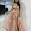 Honey Couture LUCIA Blush Pink Sheer Bustier Corset Tulle Formal Gown NEW ARRIVALS