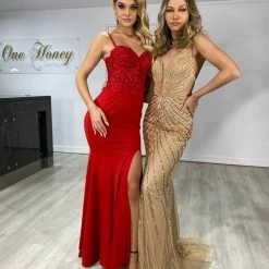 NEW ARRIVALS Honey Couture CALLIE Red Lace Bustier Corset Style Formal Dress