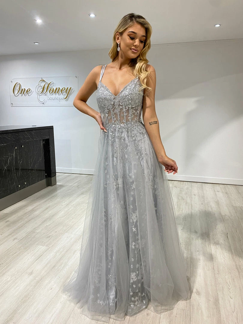 NEW ARRIVALS Honey Couture NORA Silver Tulle Glitter Corset Formal Dress 8 NEW ARRIVALS Honey Couture NORA Silver Tulle Glitter Corset Formal Dress