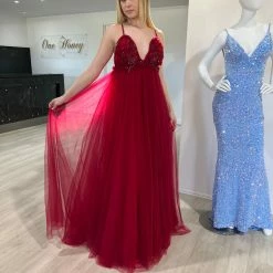 Honey Couture PEYTON Wine Burgundy 3D Flowers Formal Gown NEW ARRIVALS