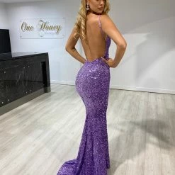 Honey Couture KAYTUM Lilac Purple Sequin Mermaid Evening Gown Dress