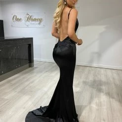 Honey Couture SAMARA Black Knot Feature Low Back Silky Mermaid Formal Gown