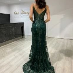 Honey Couture CAROLE Emerald Green Sequin Corset Mermaid Formal Gown Dress