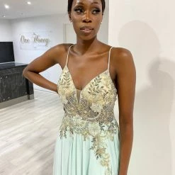 Honey Couture ASPEN Mint Green Lace Beaded Applique Chiffon Formal Dress