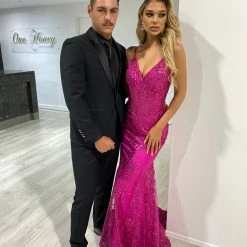 NEW ARRIVALS Honey Couture CAROLE Magenta Hot Pink Sequin Corset Mermaid Formal Gown Dress