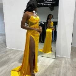 NEW ARRIVALS Honey Couture GIGI Neon Yellow Corset Sparkle Bustier Strapless Mermaid Formal Gown Dress