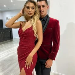 Honey Couture CRISTELLA Red Crystal Feature Mermaid Formal Gown