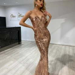 NEW ARRIVALS Honey Couture GWEN Gold Sequin Strapless Formal Dress