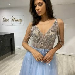 NEW ARRIVALS Honey Couture DEBBIE Blue Beaded Tulle Skirt Formal Dress