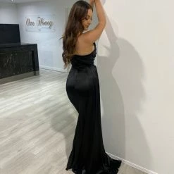 Honey Couture JAEDA Black Silky Bustier Strapless Mermaid Formal Dress