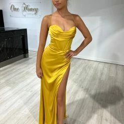 Honey Couture ZENDAYA Marigold Yellow Satin Corset Bustier Leg Split Formal Dress