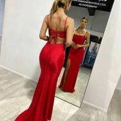 Honey Couture ELANA Red Diamante Bustier Lace Up Formal Dress