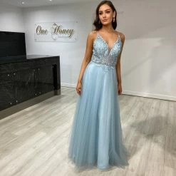 NEW ARRIVALS Honey Couture INEZ Baby Blue Tulle Lace Gown Formal Dress
