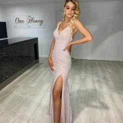 Honey Couture ODETTE Pink Shimmer Glitter Low Back Formal Gown Dress NEW ARRIVALS