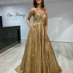 Honey Couture GRETCHEN Gold Glitter Ball Gown Formal Dress