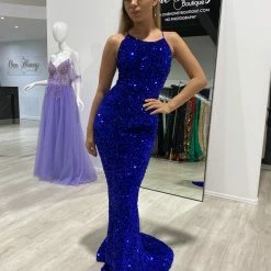 NEW ARRIVALS Honey Couture TAYTUM Electric Blue Sequin Mermaid Evening Gown Dress