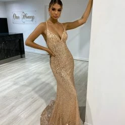 NEW ARRIVALS Honey Couture DEVINA Gold Sequin Corset Lace Up Formal Dress