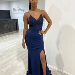 Honey Couture MIREN Navy Blue Lace Applique Mermaid Formal Dress NEW ARRIVALS