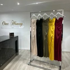 Honey Couture ZENDAYA Marigold Yellow Satin Corset Bustier Leg Split Formal Dress