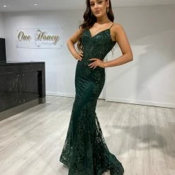 Honey Couture CAROLE Emerald Green Sequin Corset Mermaid Formal Gown Dress