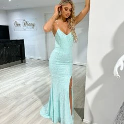 Honey Couture PIXIE Mint Green Corset Lace Up Sequin Formal Dress NEW ARRIVALS