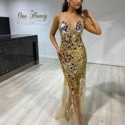 NEW ARRIVALS Honey Couture SAPPHIRE Mirror Mesh Formal Gown Dress