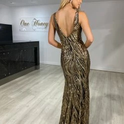 One Honey Boutique NEW ARRIVALS Honey Couture YASMIN Black & Gold Sequin Formal Gown