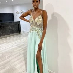 Honey Couture ASPEN Mint Green Lace Beaded Applique Chiffon Formal Dress