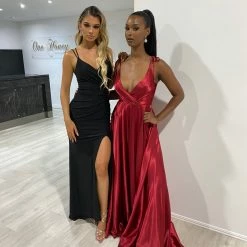 Honey Couture HUNTAR Burgundy Silky A Line Bridesmaid Formal Dress