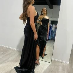 Honey Couture JAEDA Black Silky Bustier Strapless Mermaid Formal Dress