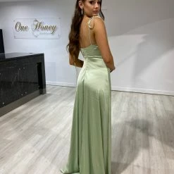 NEW ARRIVALS Honey Couture XENIA Sage Green Tie Up Formal Bridesmaid Dress