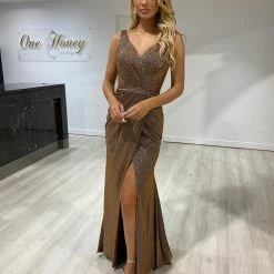 NEW ARRIVALS Honey Couture RHEA Copper Metallic Shimmer Formal Dress