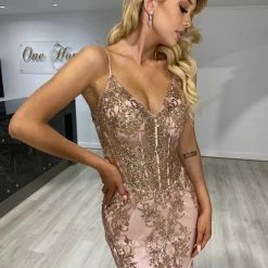 NEW ARRIVALS Honey Couture CAROLE Rose Gold Sequin Corset Mermaid Formal Gown Dress