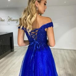NEW ARRIVALS Honey Couture ISIDORE Blue Beaded Off Shoulder Tulle Skirt Formal Dress