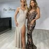 NEW ARRIVALS Honey Couture ALEYANDRA Champagne Silver Beaded Sequin Lace Up Formal Dress