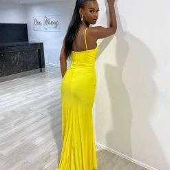 Honey Couture ZURI Neon Yellow Corset Ruched Formal Gown Dress NEW ARRIVALS