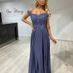 Honey Couture CARMEN Smokey Blue Lace Applique Chiffon Bridesmaid Formal Dress NEW ARRIVALS