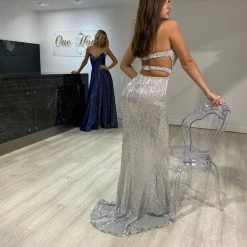 NEW ARRIVALS Honey Couture ELISE Silver Sequin Low Back Mermaid Evening Gown Dress