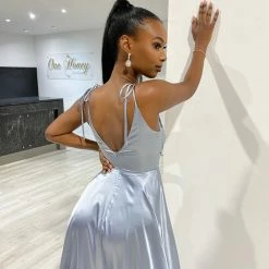 Honey Couture HUNTAR Dusty Blue Green Silky A Line Bridesmaid Formal Dress