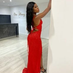 Honey Couture ANGELIQUE Red Sequin Lace Up Open Back Formal Dress